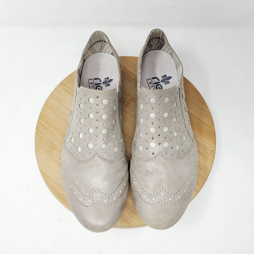 Rieker Zapatos Mujer 39 Sin Cordones Gris Metálico Recorte Shootie Western Boho Mocasín Foto 4 de 4