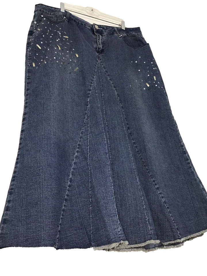 Maxi falda vaquera Ashley Stewart para mujer dobladillo crudo con cuentas elástica talla 16 Foto 3 de 4