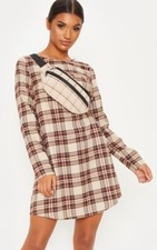 Pretty Little Thing Brown Checkered Pocket Smock Dress Size 12