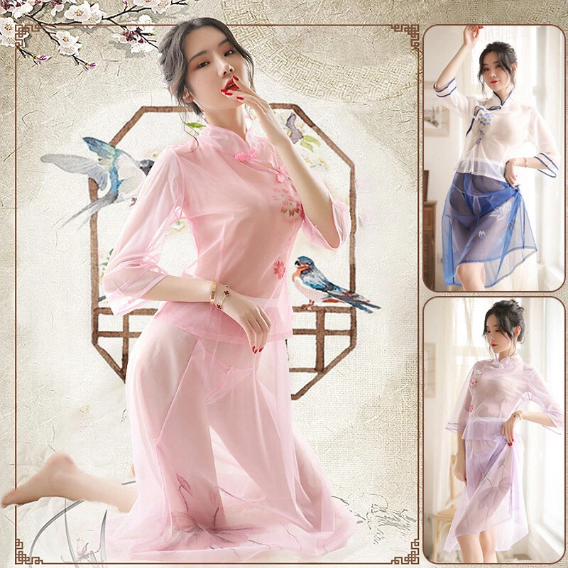 Sexy Women Floral Printed Cheongsam Qipao Lingerie Transparent Dress  Sleepwear