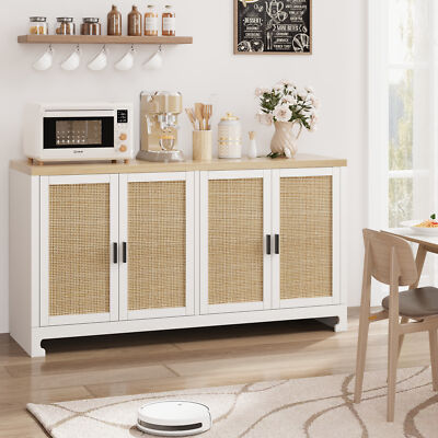 Entryway Hallway Cabinet with 4 Doors & Shelves Rattan Sideboard Buffet Cabinet