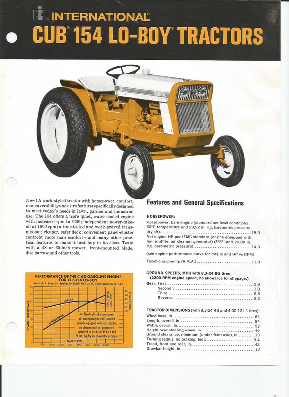 International CUB 154 Lo-Boy 2-sided ad specifications sheet IH 1971