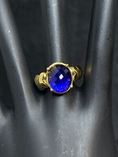 Gold Tone And Multifaceted Blue Rhinestone Statement Ring Sz 7 R298 