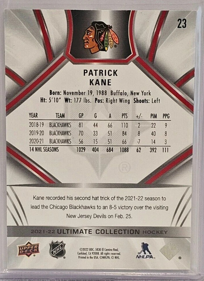 Patrick Kane 2021-22 Upper Deck Ultimate Collection 3/149 Blackhawks #23 - Image 2 of 2