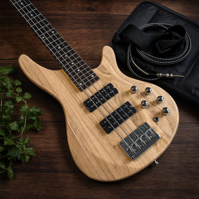 5-String Electric Bass Natural HH Active 24-Fret Laurel Kit w/ Bag Strap Cable
