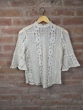 Cream Lace High Neck Blouse Floral Crochet Sheer Top Size 8