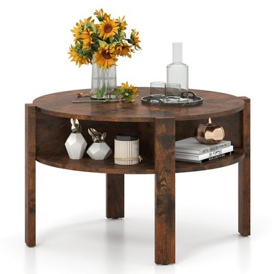 29.5'' 2-Tier Round Coffee Table w/ Storage 4 Shelves Faux Wooden Top
