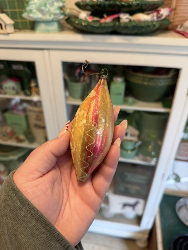 RARE Antique 5” German Blown Glass End of Day Teardrop Christmas Ornament 