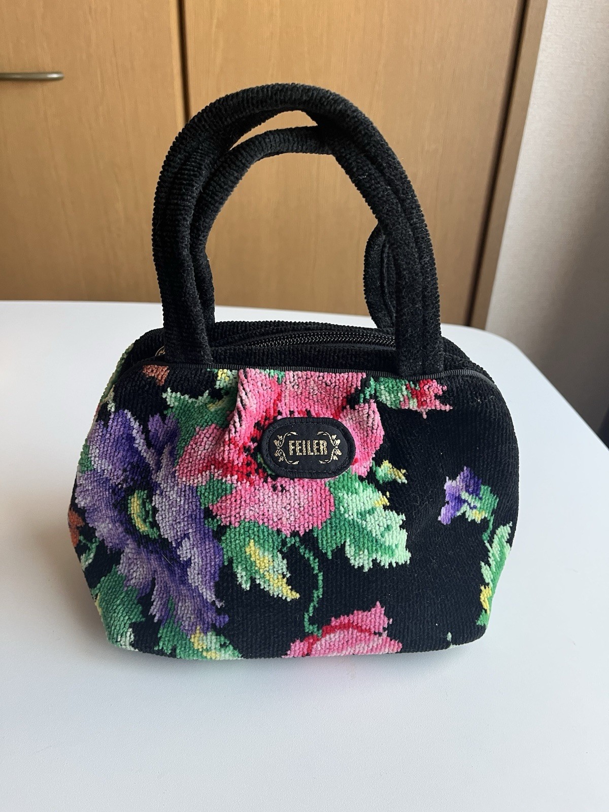 FEILER Floral Chenille Handbag Black Small Tote Bag Excellent Condition