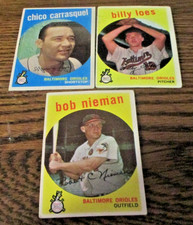 3) 1959 Topps Baltimore Orioles baseball cards #264 #336 Billy Loes #375 Nieman
