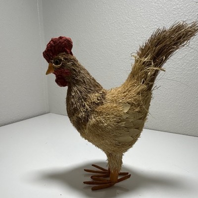 Handmade Straw Chicken Figurine with Red Comb and Yellow Beak