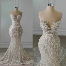 Luxury Mermaid Wedding Dress Sleeveless Appliques Crystal Pearls Bridal Gowns