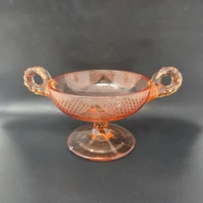 PINK DEPRESSION GLASS ETCHED DOUBLE HANDLED PEDESTAL BON BON CANDY COMPOTE VTG