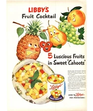 1951 Libby's Fruit Cocktail Vintage Print Ad Cartoon Pineapple Pear 50s Wall Art