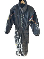 Vintage Kaelin Onepiece Ski Snowsuit Black Size 10 Southwestern Embroidery 1980