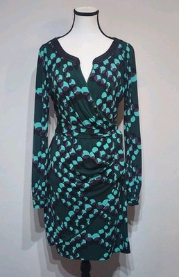 Hale Bob Faux Wrap Dress Long Sleeve Green Size Medium Stretch Career Wear