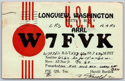 1937 W7FVK Longview Washington QSL Card Amateur Radio W2ETX Montana Post D439