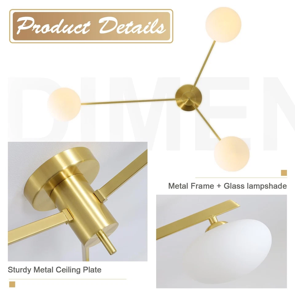 Lámpara de techo Sputnik de montaje empotrado de 3 luces, lámpara de araña de latón dorado centro... Foto 4 de 4