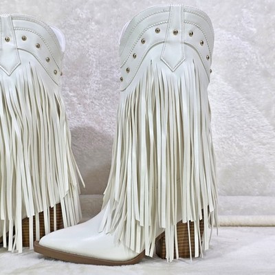 Boundary White Faux Leather Layered Fringe Country Western Cowgirl Boots