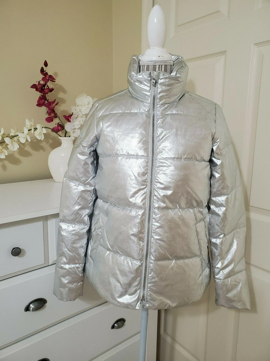 Nueva con etiquetas $259 J.crew Primaloft Aislamiento LUJO Metal  Amortiguador Cremallera Chaqueta Plateada Talla S