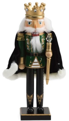 Wooden Christmas Nutcracker,14'', WHITE KING IN BLACK & GREEN OUTFIT IN CAPE, TJM