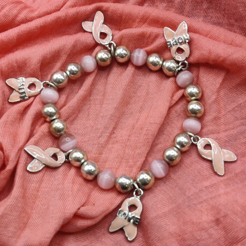 Silver Tone Breast Cancer Awareness Pink Ribbon Bead Hope Faith Love Bracelet 