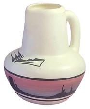 Southwestern Art Pottery Jug Vase Pitcher Signed Vintage 5 Inch Purple Pink