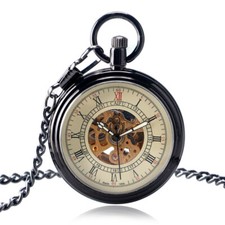 Steampunk Black Case Open Face Mechanical Pocket Watch Roman Numerals Dial Gifts