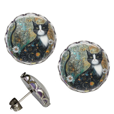 Folk Art Print Flower Garden Tuxedo Cat Earrings NO TARNISHING Scalloped Studs