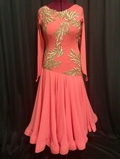 Je Bling Ladies Smooth Ballroom Competition Costume Coral w/Gold US Size Large