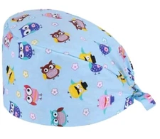 NEW Surgical Scrub Cap Doctor Nurse Cotton Bouffant Head Cover Hat Owls Blue Tie