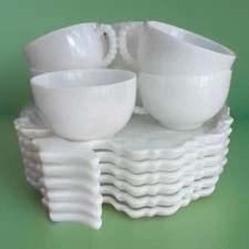 Milk Glass Tree of Life Snack Patio Plates & Cups • 6 Settings • Hazel Atlas