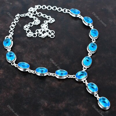 Sterling Silver Oval Swiss Blue Topaz Stone Trendy Chain Bezel Necklace Jewelry