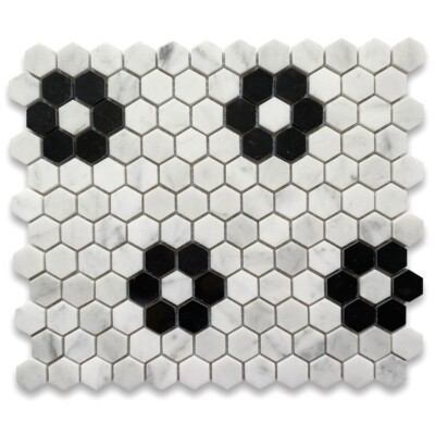 C31F1XP Carrara White 1'' Hexagon Black Marble Rosette Mosaic Tile Polished