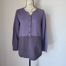 Kleen Gauze Lagenlook Popover Top Long Sleeve Pocket Cotton 2-Tone Purple Small