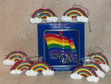 NEW Regent Square Rainbow Flag Ornament + 8 mini Rainbow w Clouds: 9pc LOVE Lot