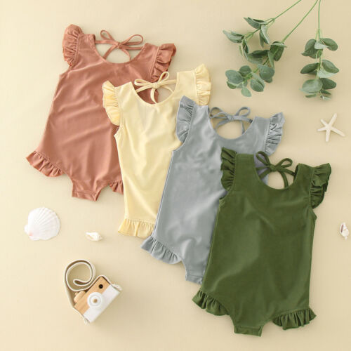 Toddler Girls Summer Sleeveless Solid Colour Ruffles Swimwear Swimsuit Bikini