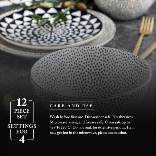 Thyme & Table 12-Piece Dinnerware Stoneware Set, Black & White Dot Collection - Picture 5 of 5