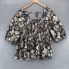 Ava & Viv Top Womens 2X Plus Black Gold Floral Smocked 3/4 Puff Sleeves Blouse