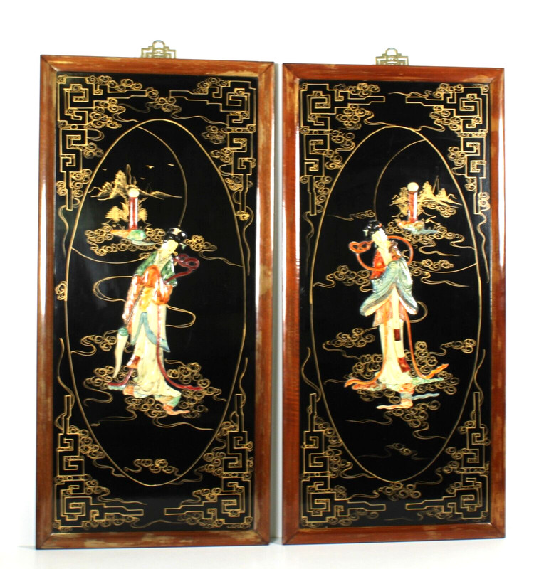 Black Lacquer And Jade Geisha Ladies  Japanese Dark Wood Framed Pair