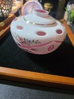 Hand Painted Cranberry Art Glass Lamp Body Floral Pink Gold Accents Cut Openings — photo 5