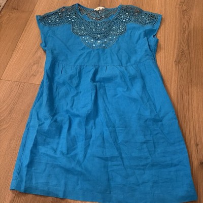 Boden Fleur Embroidered Linen Dress Womens UK 18R/US 14R Lagoon Blue  Pockets | eBay