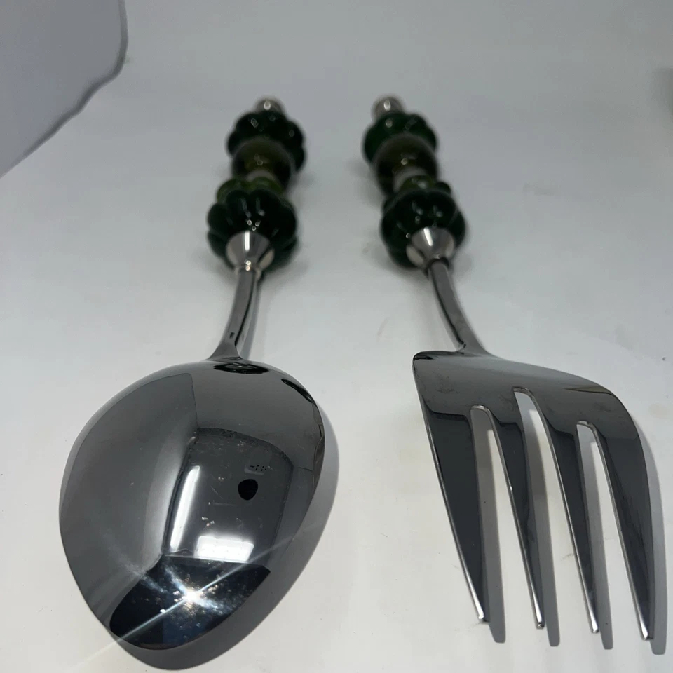 Pottery Barn Glass Bead Salad Servers – Green Glass Bead Handles, Set of Two VTG - Image 3 of 4