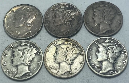 1938-S MERCURY DIME - TEN CENTS - LOT OF 6 - SILVER