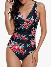 One Piece Tropical Floral Plunge Ruched SWIMSUIT XL 16-18 NEW WITH TAGS 