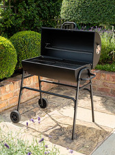 Barbecue Grill Barrel Charcoal BBQ w/ Wheels Air Vents & Shelf FREE P&P