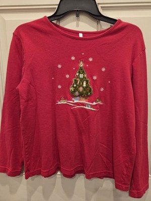 White Stag Top Women's L Red Long Sleeve Velvet Christmas Tree Presents Casual