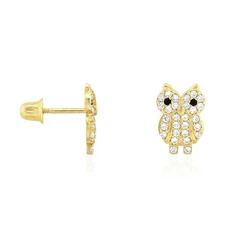 14K Yellow White Gold Simulated Black Onyx Ruby Owl Screw Back Earrings