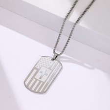 Stainless Steel American Flag Cross Dog Tag Necklace  Patriotic Christian