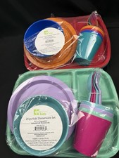 2 Kids 24 Piece Plastic Dinnerware Sets New Purple Pink Aqua Green BPA Free